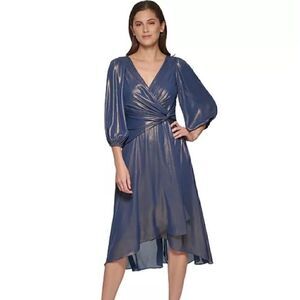 DKNY Iridescent Twisted Balloon-Sleeve evening dress Sleeve Dress -Denim Gold